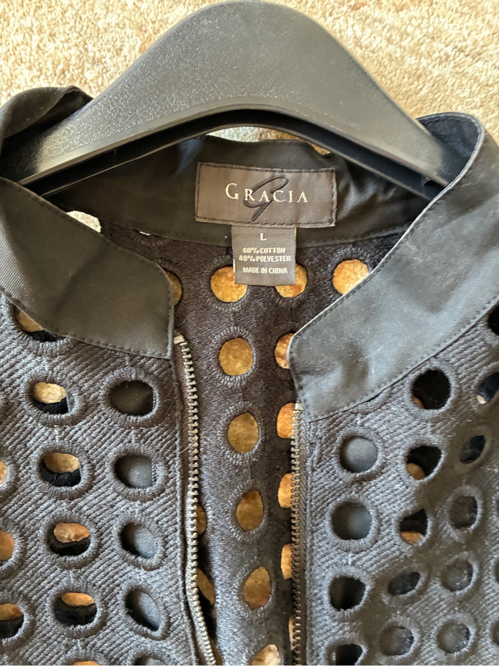 Gracia Black Perforated Zip-Front Leather-Feel Jacket